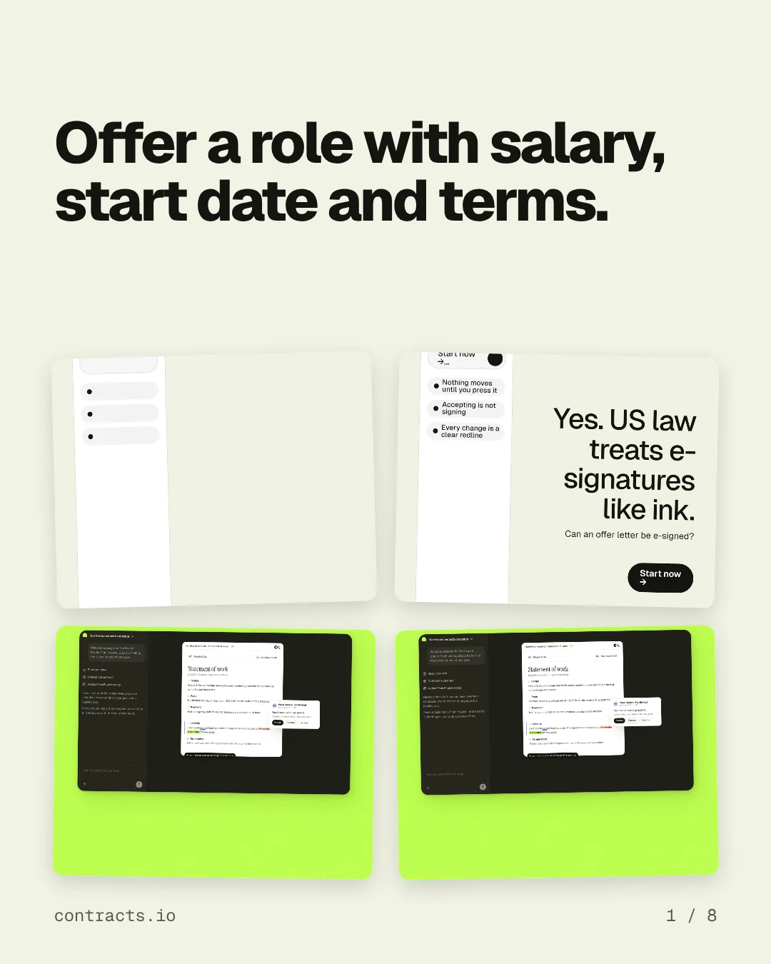 Carousel for contracts.io: "Offer a role with salary, start date and terms.". Collection carousel, 8 slides, light palette.