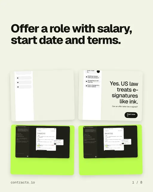 Carousel for contracts.io: "Offer a role with salary, start date and terms.". Collection carousel, 8 slides, light palette.