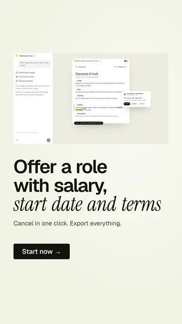 Video for contracts.io: "Offer a role with salary, start date and terms.". Kinetic type grid, 7.0 s, light palette.