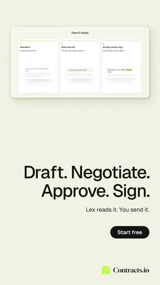 Instagram story for contracts.io: "Draft. Negotiate. Approve. Sign." Data card style, right layout, light palette in white.