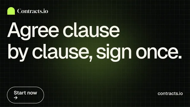 Landscape graphic for contracts.io: "Agree clause by clause, sign once." Phosphor atlas style, poster layout, dark palette in black, green, grey.