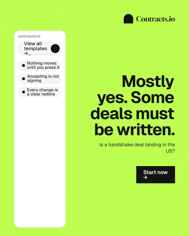 Instagram portrait post for contracts.io: "Mostly yes. Some deals must be written." Swiss style, right layout, light palette in green, white.
