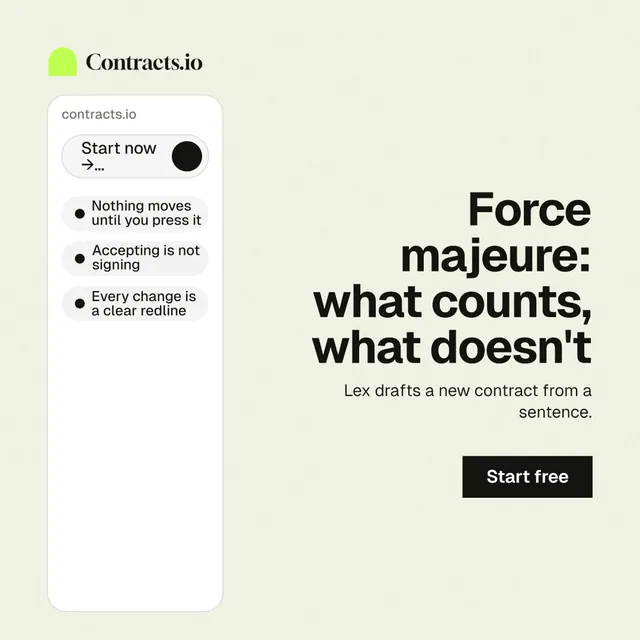 Instagram post for contracts.io: "Force majeure: what counts, what doesn't". Swiss style, right layout, light palette in white, grey.