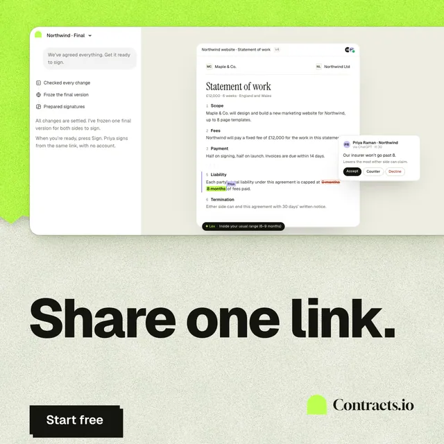 Instagram post for contracts.io: "Share one link." Paper trio style, bottom layout, light palette in green, white, grey.