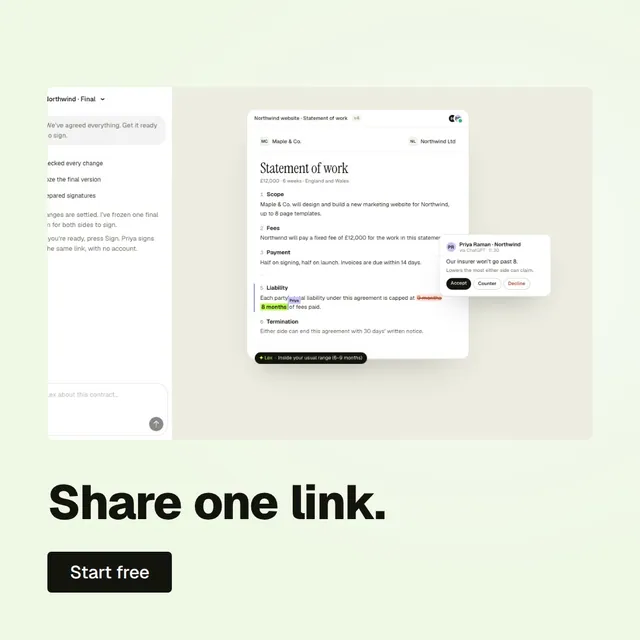 Video for contracts.io: "Share one link.". Doc motion loop, 6.0 s, light palette.