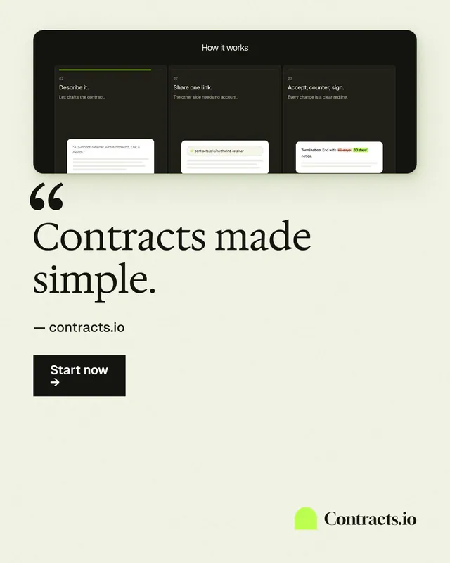 Instagram portrait post for contracts.io: "Contracts made simple." Swiss style, quote layout, light palette in white, black, green.