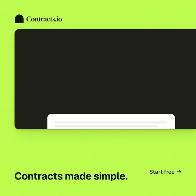 Instagram post for contracts.io: "Contracts made simple." Swiss style, image led layout, light palette in green, black.