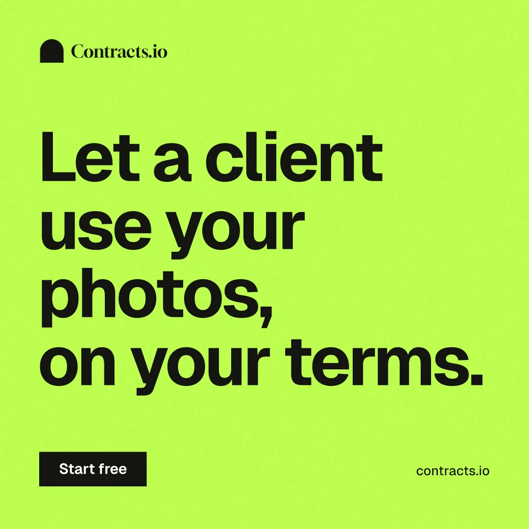 Instagram post for contracts.io: "Let a client use your photos, on your terms." Swiss style, poster layout, light palette in green.