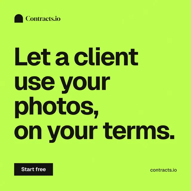 Instagram post for contracts.io: "Let a client use your photos, on your terms." Swiss style, poster layout, light palette in green.