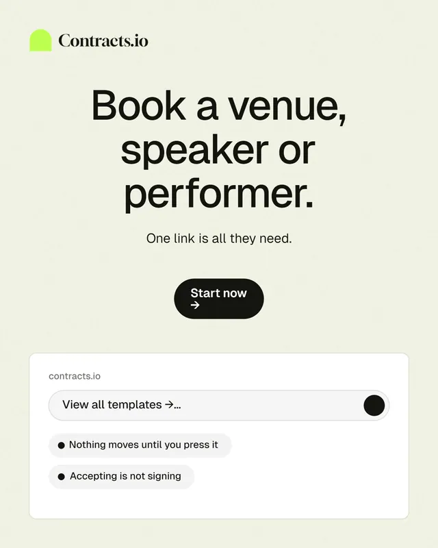 Instagram portrait post for contracts.io: "Book a venue, speaker or performer." Data card style, centred layout, light palette in white, grey.
