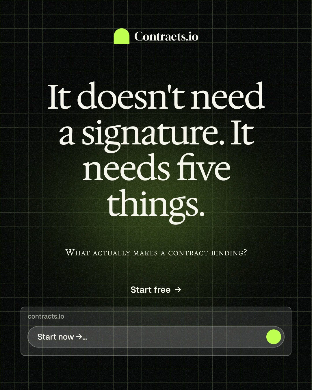 Instagram portrait post for contracts.io: "It doesn't need a signature. It needs five things." Phosphor atlas style, smallcaps layout, dark palette in black, grey.