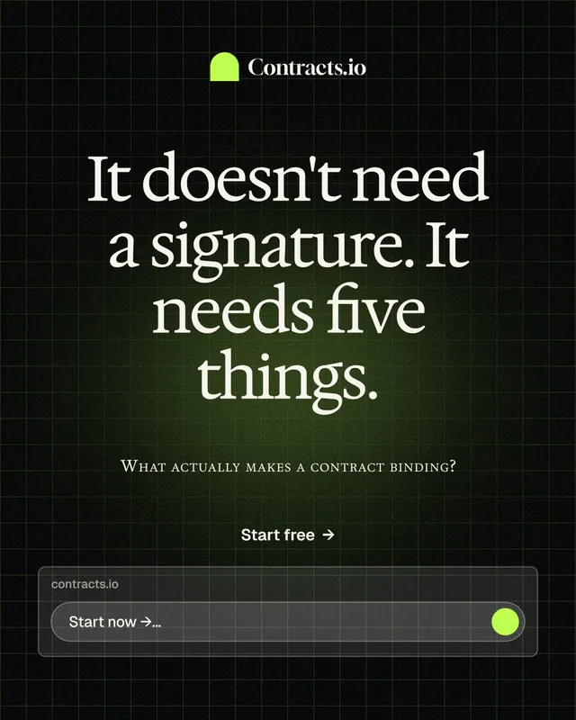 Instagram portrait post for contracts.io: "It doesn't need a signature. It needs five things." Phosphor atlas style, smallcaps layout, dark palette in black, grey.