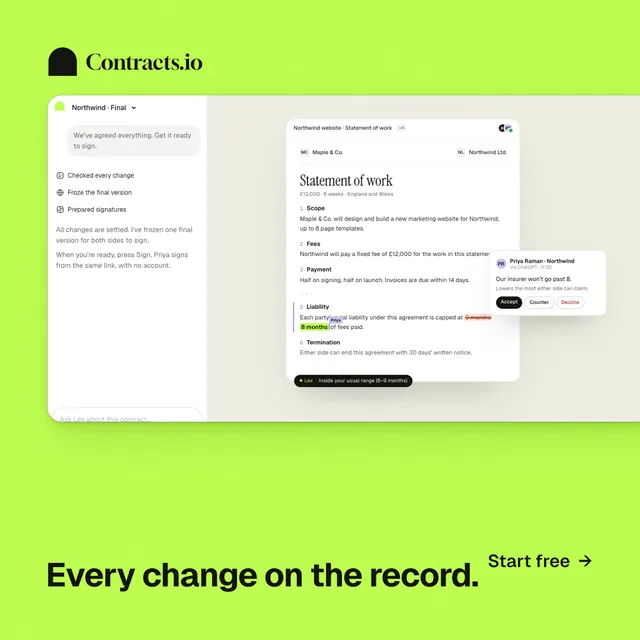Instagram post for contracts.io: "Every change on the record." Swiss style, image led layout, light palette in green.