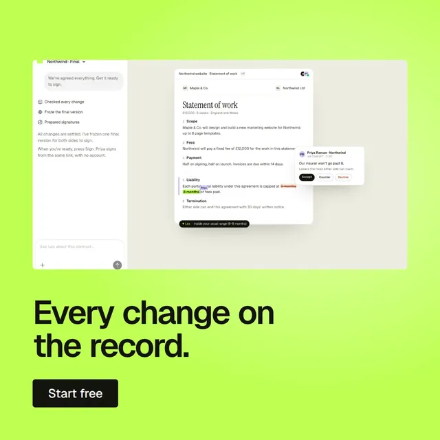 Video for contracts.io: "Every change on the record.". Doc motion loop, 6.0 s, light palette.