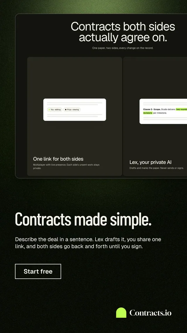 Instagram story for contracts.io: "Contracts made simple." Dark deco style, bottom layout, dark palette in black, grey.
