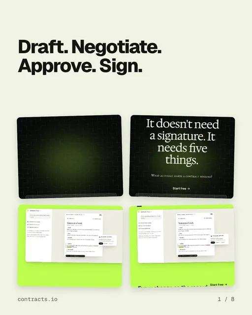 Carousel for contracts.io: "Draft. Negotiate. Approve. Sign.". Collection carousel, 8 slides, light palette.