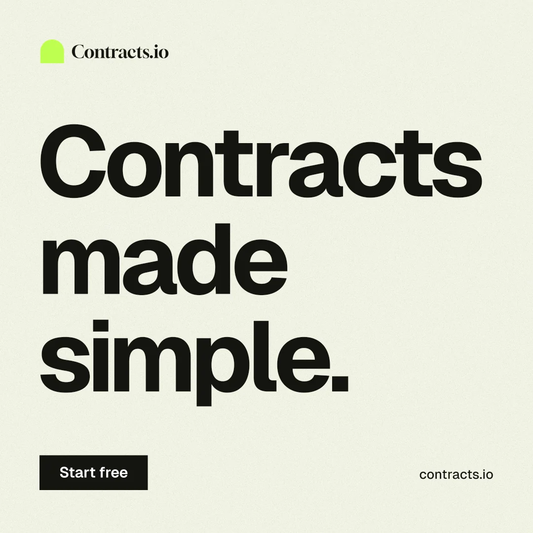 Instagram post for contracts.io: "Contracts made simple." Swiss style, poster layout, light palette in white, grey.