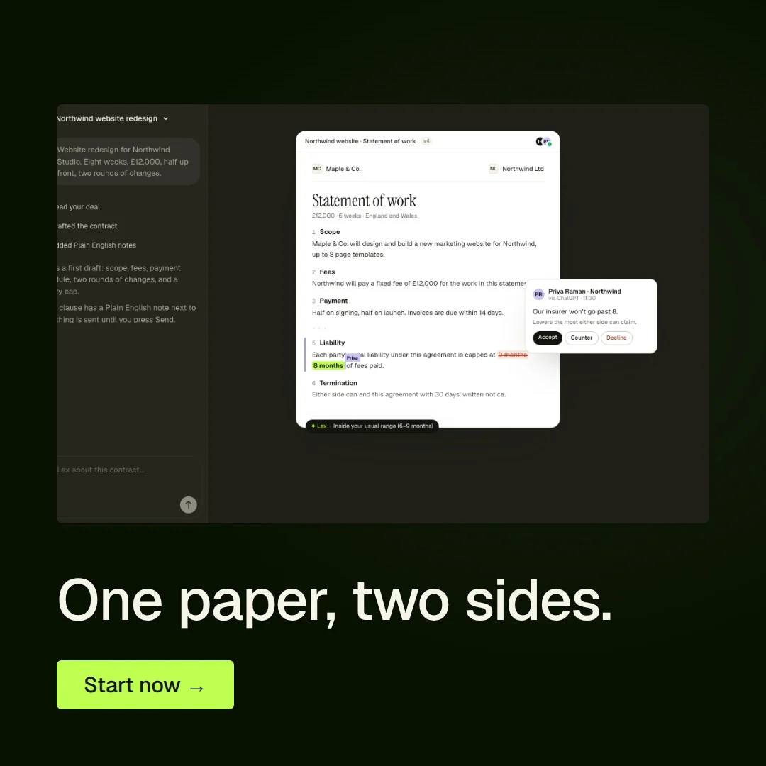Video for contracts.io: "One paper, two sides.". Doc motion loop, 6.0 s, dark palette.
