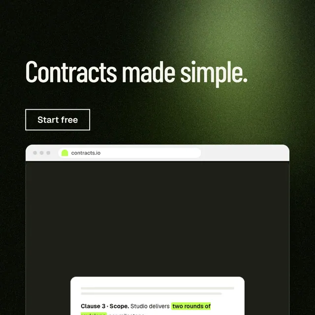 Instagram post for contracts.io: "Contracts made simple." Dark deco style, browser layout, dark palette in black, green, grey.
