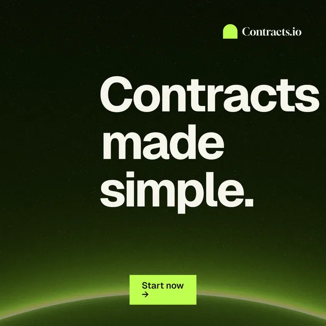 Instagram post for contracts.io: "Contracts made simple." Swiss style, centred layout, dark palette in black, green.