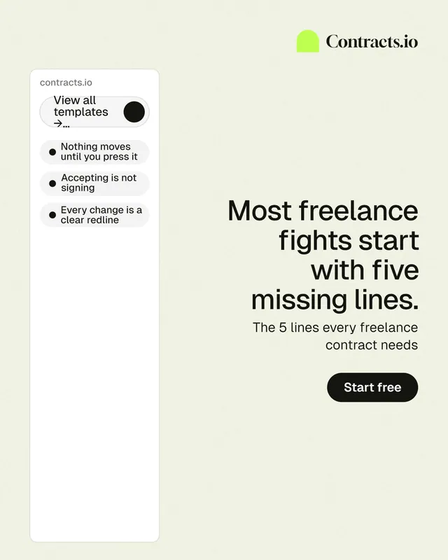 Instagram portrait post for contracts.io: "Most freelance fights start with five missing lines." Data card style, right layout, light palette in white.