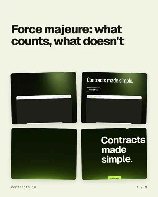 Carousel for contracts.io: "Force majeure: what counts, what doesn't". Collection carousel, 8 slides, light palette.