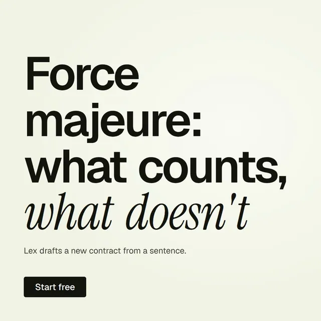Video for contracts.io: "Force majeure: what counts, what doesn't". Doc motion loop, 8.0 s, light palette.