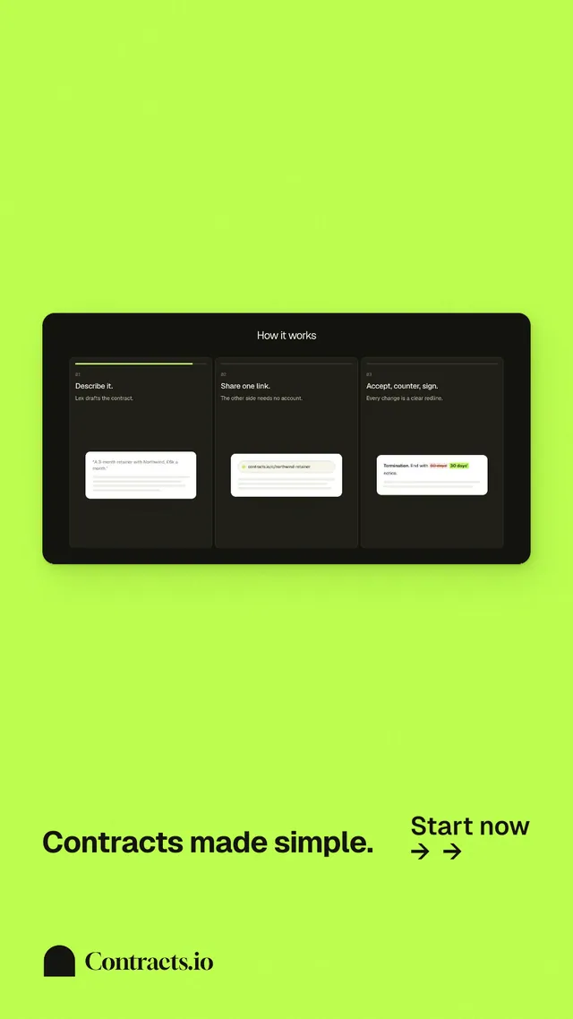 Instagram story for contracts.io: "Contracts made simple." Swiss style, image led layout, light palette in green.