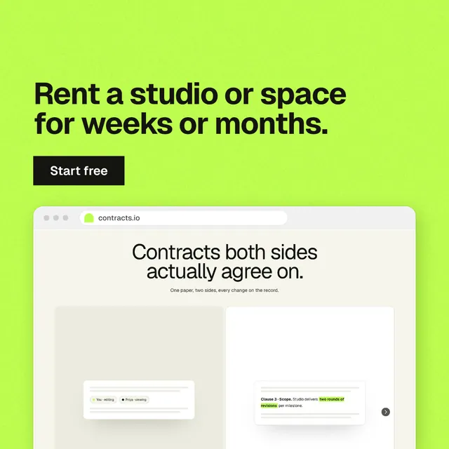 Instagram post for contracts.io: "Rent a studio or space for weeks or months." Swiss style, browser layout, light palette in green.