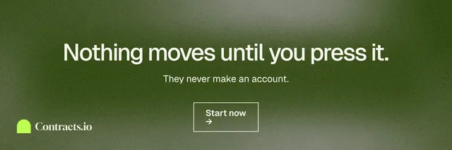 X header for contracts.io: "Nothing moves until you press it." Cyanotype style, centred layout, dark palette in green, grey.