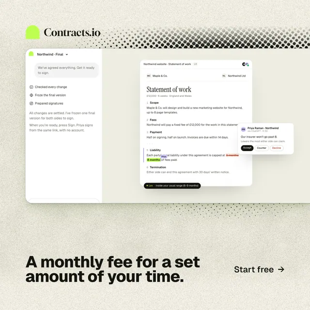 Instagram post for contracts.io: "A monthly fee for a set amount of your time." Ink sticker style, image led layout, light palette in yellow, white, grey.