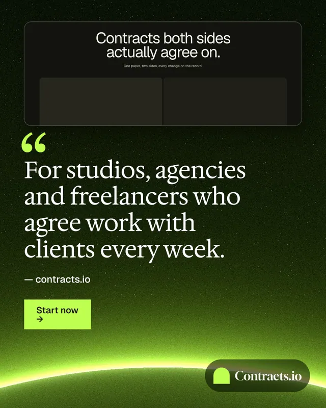 Instagram portrait post for contracts.io: "For studios, agencies and freelancers who agree work with clients every week." Swiss style, quote layout, dark palette in black, green.