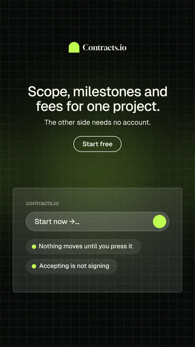 Instagram story for contracts.io: "Scope, milestones and fees for one project." Phosphor atlas style, centred layout, dark palette in green, black, grey.