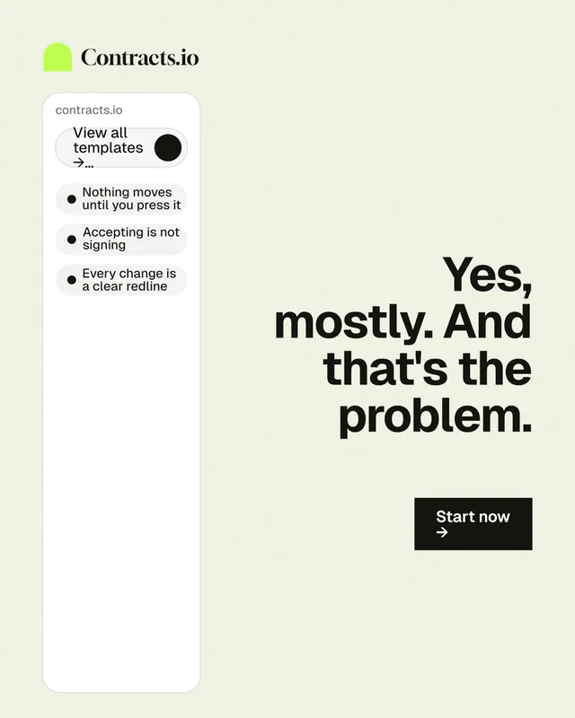 Instagram portrait post for contracts.io: "Yes, mostly. And that's the problem." Swiss style, right layout, light palette in white, grey.