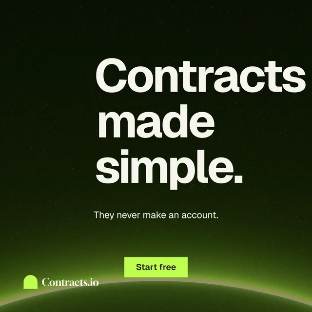 Instagram post for contracts.io: "Contracts made simple." Swiss style, centred layout, dark palette in black, green.