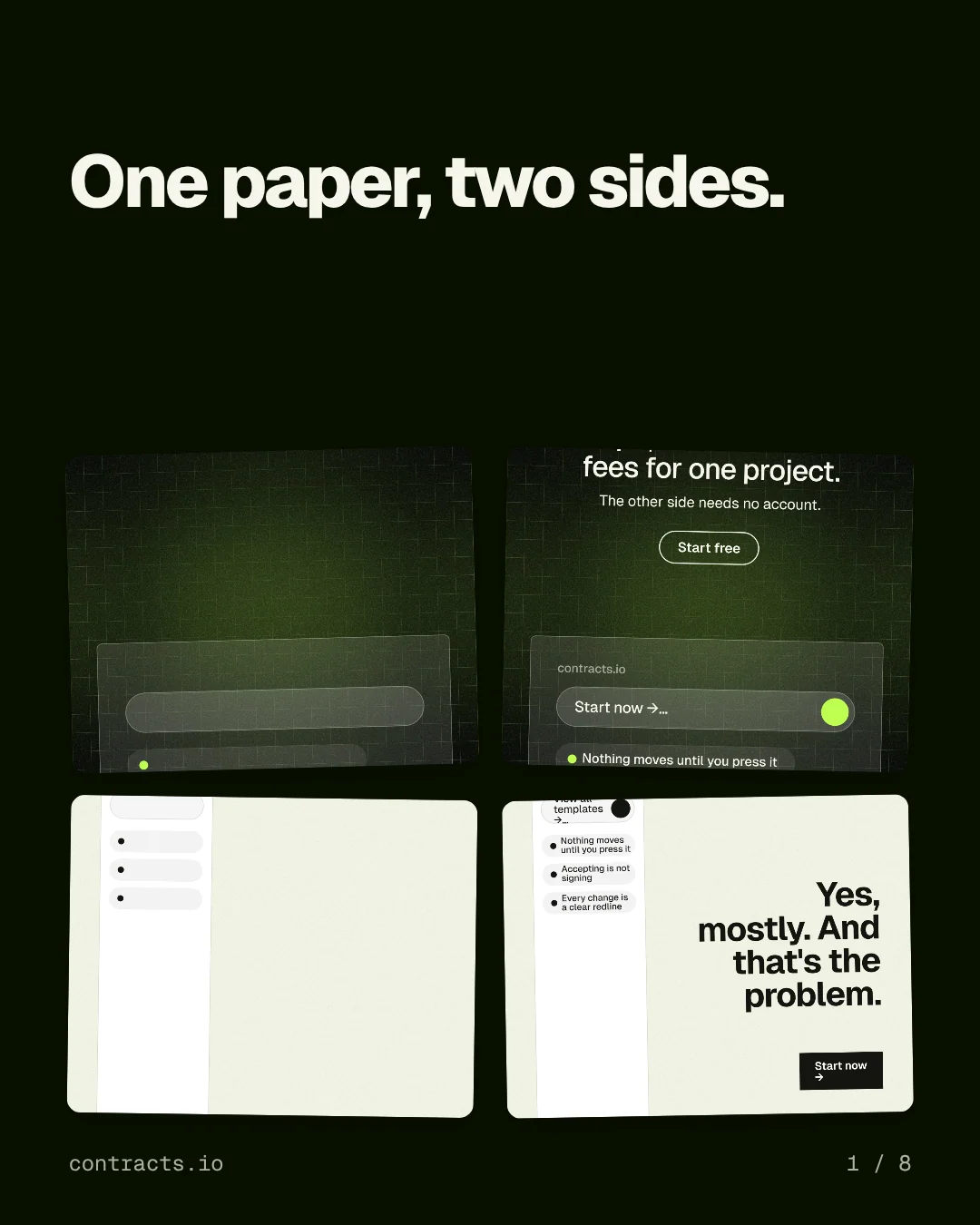 Carousel for contracts.io: "One paper, two sides.". Collection carousel, 8 slides, dark palette.