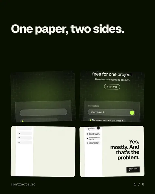 Carousel for contracts.io: "One paper, two sides.". Collection carousel, 8 slides, dark palette.