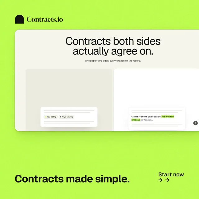 Instagram post for contracts.io: "Contracts made simple." Swiss style, image led layout, light palette in green.