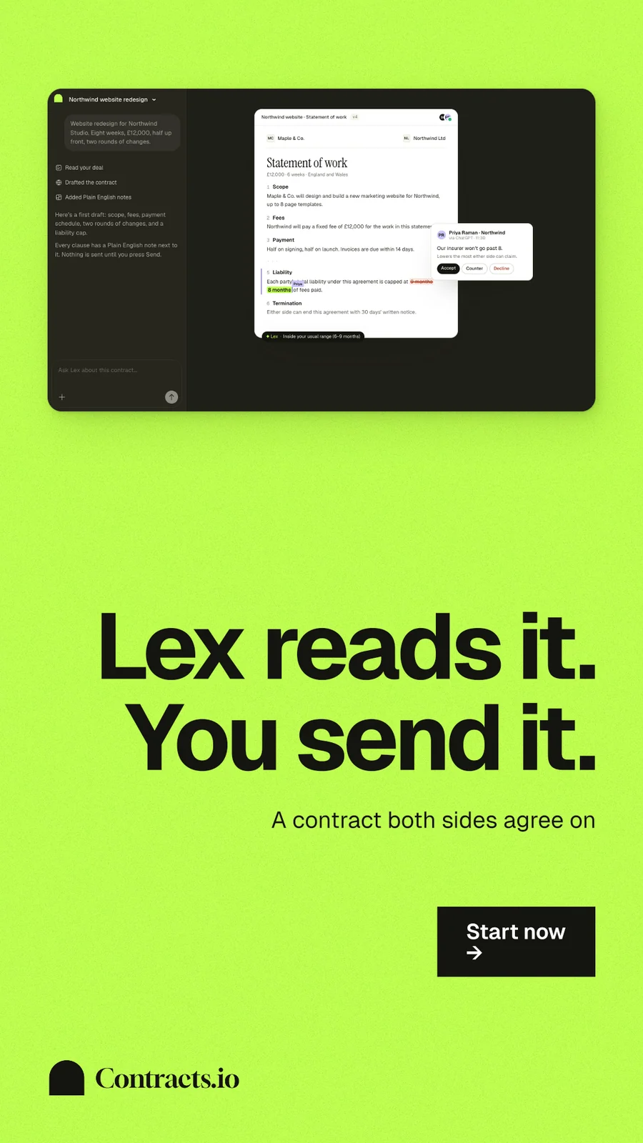 Instagram story for contracts.io: "Lex reads it. You send it." Swiss style, right layout, light palette in green.