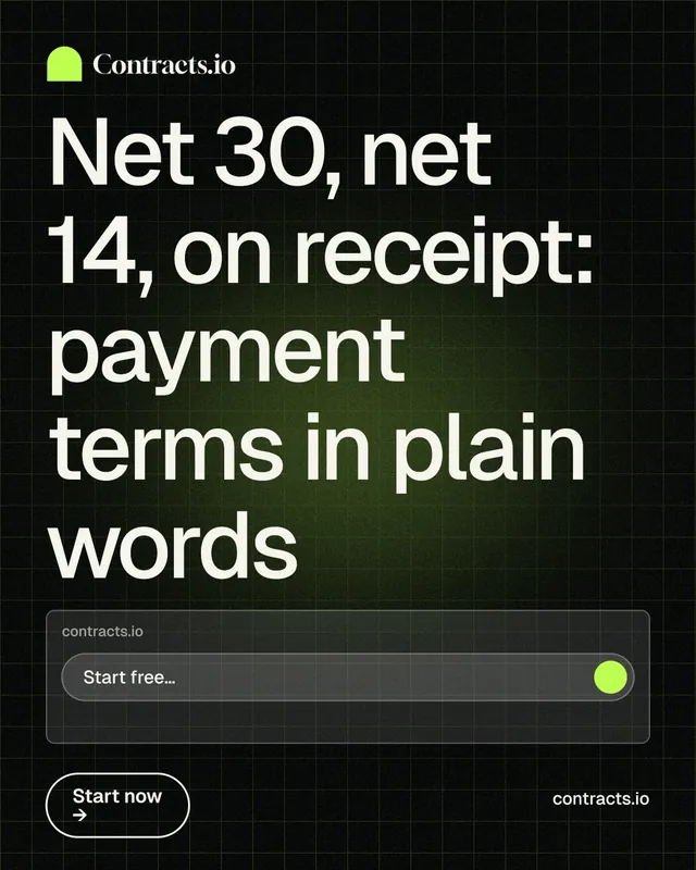 Instagram portrait post for contracts.io: "Net 30, net 14, on receipt: payment terms in plain words". Phosphor atlas style, poster layout, dark palette in green, black, grey.