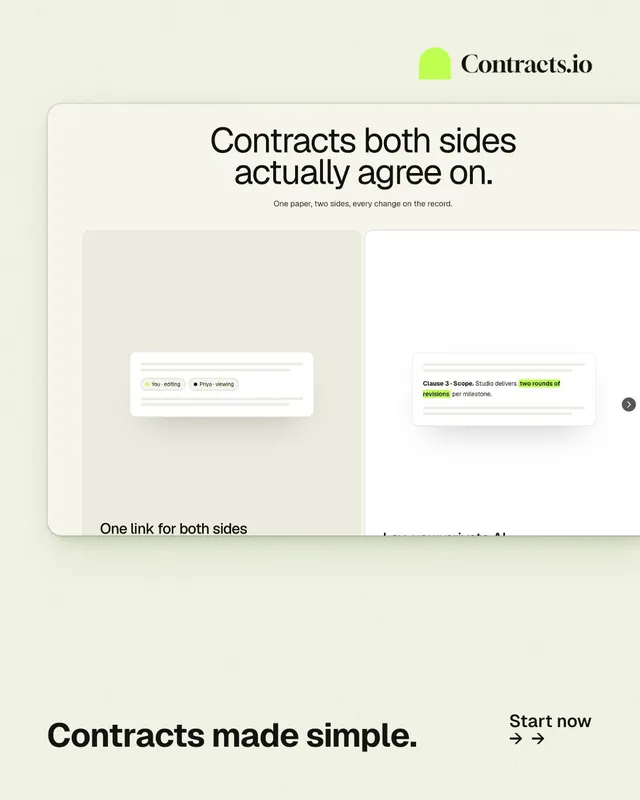 Instagram portrait post for contracts.io: "Contracts made simple." Swiss style, image led layout, light palette in yellow, white, grey.