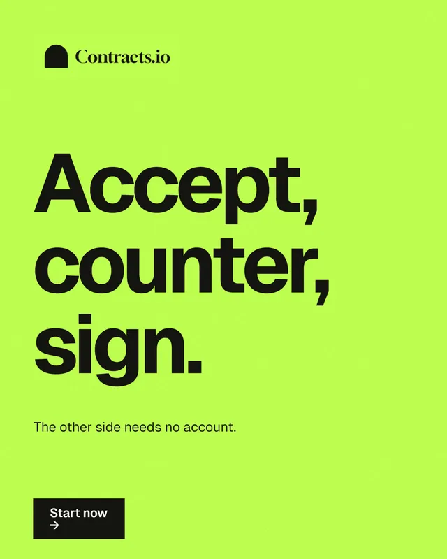 Instagram portrait post for contracts.io: "Accept, counter, sign." Swiss style, announce layout, light palette in green.
