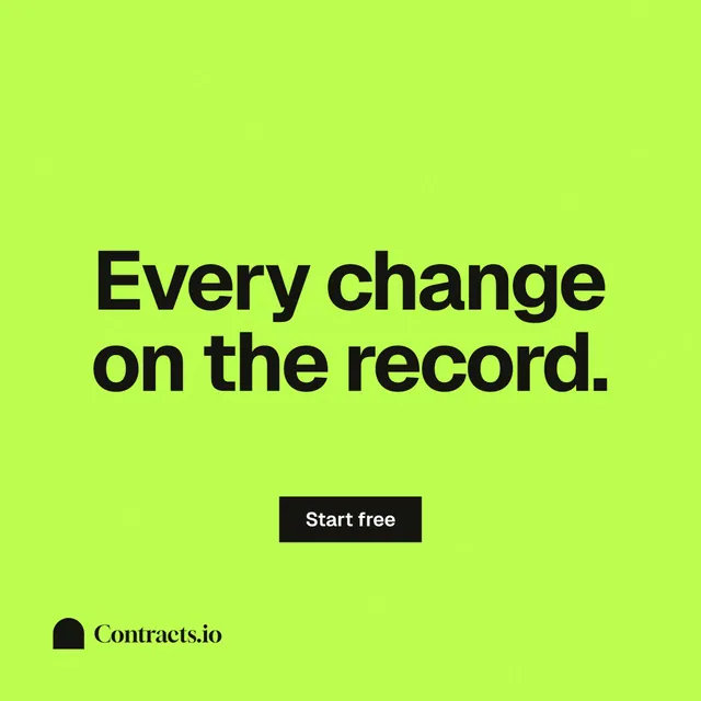 Instagram post for contracts.io: "Every change on the record." Swiss style, centred layout, light palette in green.