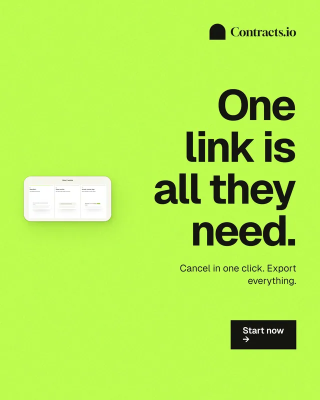 Instagram portrait post for contracts.io: "One link is all they need." Swiss style, right layout, light palette in green.