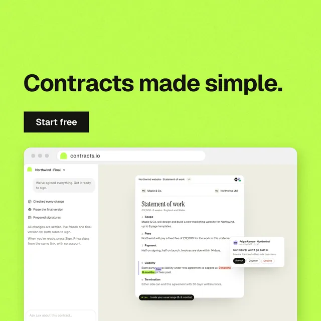 Instagram post for contracts.io: "Contracts made simple." Swiss style, browser layout, light palette in green.