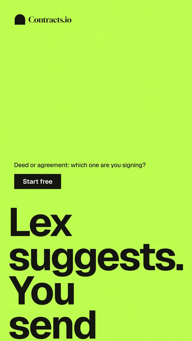 Instagram story for contracts.io: "Lex suggests. You send." Swiss style, oversized layout, light palette in green.