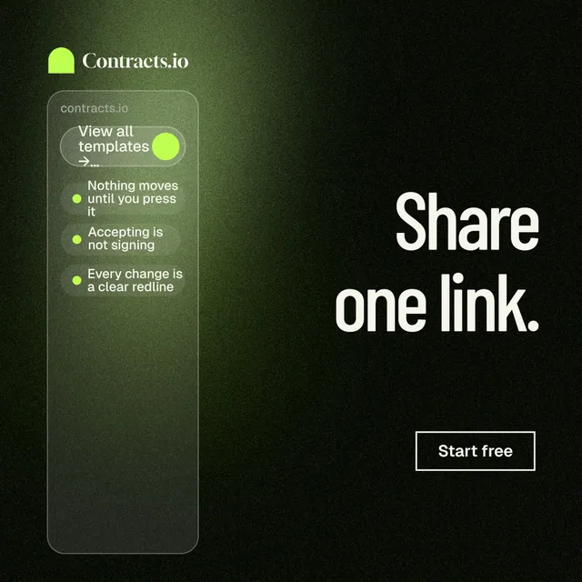 Instagram post for contracts.io: "Share one link." Dark deco style, right layout, dark palette in black, green, grey.