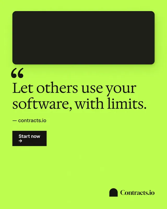 Instagram portrait post for contracts.io: "Let others use your software, with limits." Swiss style, quote layout, light palette in green, black.