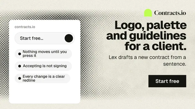 Landscape graphic for contracts.io: "Logo, palette and guidelines for a client." Ink sticker style, right layout, light palette in yellow, white, grey.