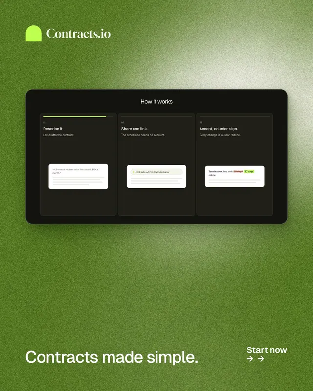 Instagram portrait post for contracts.io: "Contracts made simple." Cyanotype style, image led layout, dark palette in green, black.